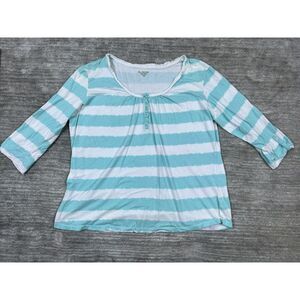 Bay Studio Shirt Womens 1X Blue Striped Henley Neck 3/4 Sleeve 100% Cotton